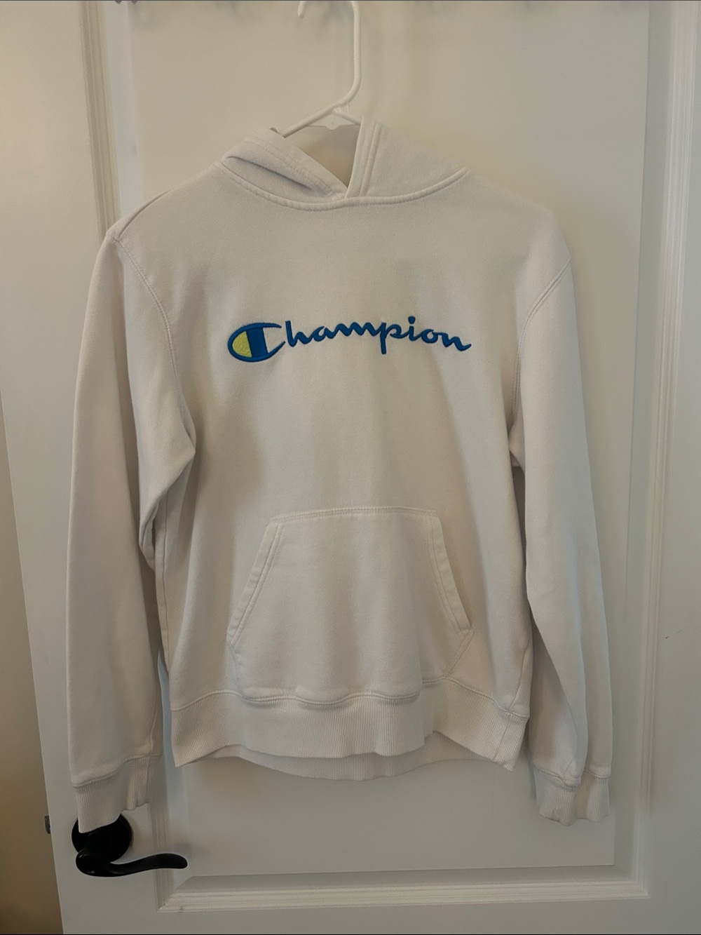 Champion White Hoodie w/ blue Logo. Youth xl